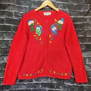 Tiara International Sweater Womens Large Christmas Snowman Lights Holiday Zip Up